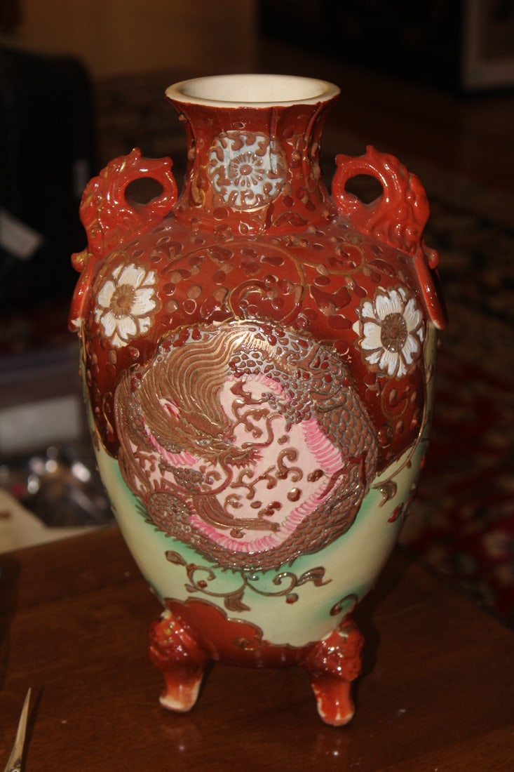 Japanese Satsuma Dragon Pottery Vase: signed - footed - 12 1/2" tall
