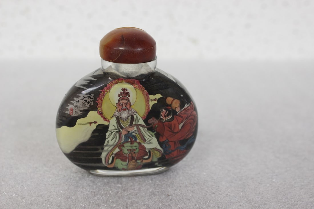 A Decorative Glass Snuff Bottle: top broken off as shown - 2 7/8" wide - reverse painting on glass