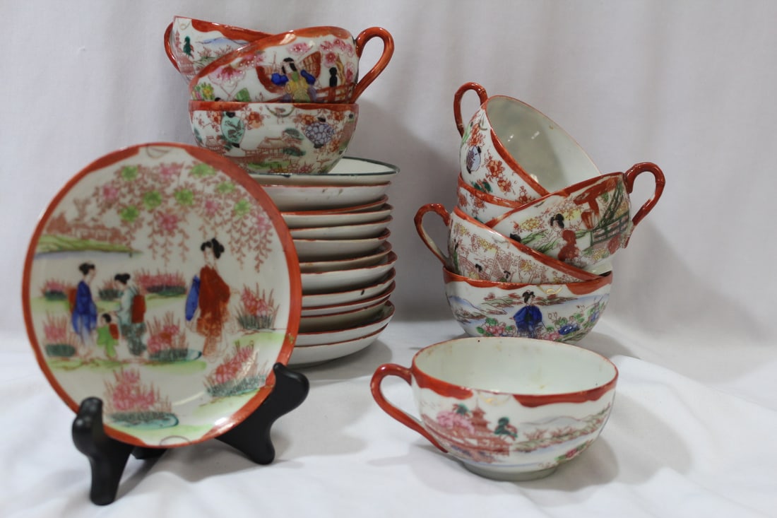 Lot of 23 Japanese Kutani Geisha Cup and Saucers: not a complete set, only partial set - cup= 3 7/8" in diameter