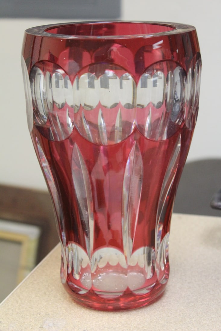 Facet Cut Glass Cranberry Red Crystal Vase: beautiful facet cut glass - heavy crystal - 9 3/4" tall