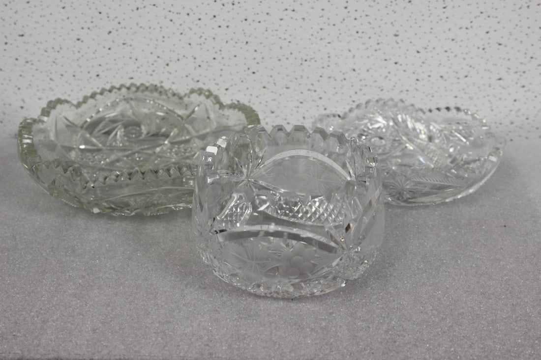 Lot of 3 Glasses: Two press and one cut - two of them have edge roughness - largest= 7 1/2" in diameter