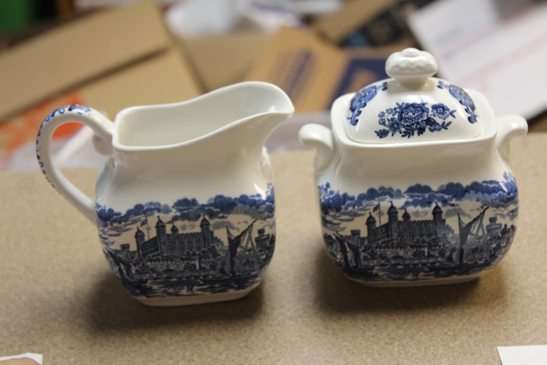 Wedgwood Cream and Sugar Container: made in England - castle motief - sugar = 4" across