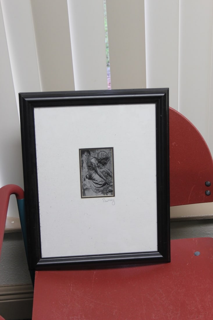 An Etching Signed by Rainey: Real signature, if there is one, is covered - sight= 3" x 4 1/4"