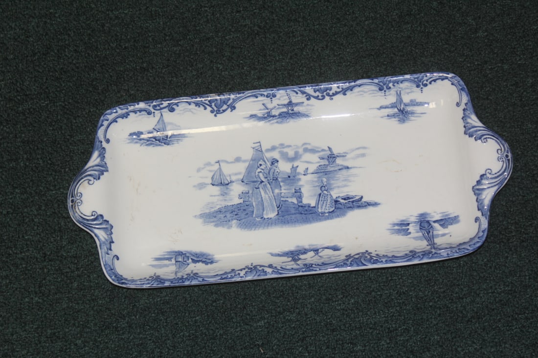 Wedgwood "Hague" Serving Tray: flow blue ceramic serving tray with handles - 17 3/8" long
