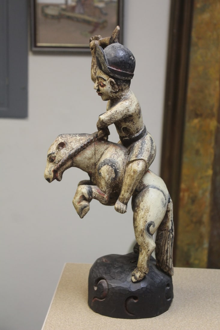 Antique/Vintage Oriental Wooden Rider on a Horse: please note: crack as shown - 7 3/4" tall