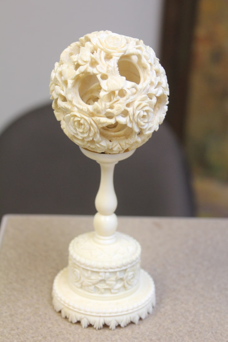 Antiqe Bone Ball on Stand: well carved - 6 1/2" tall in overall