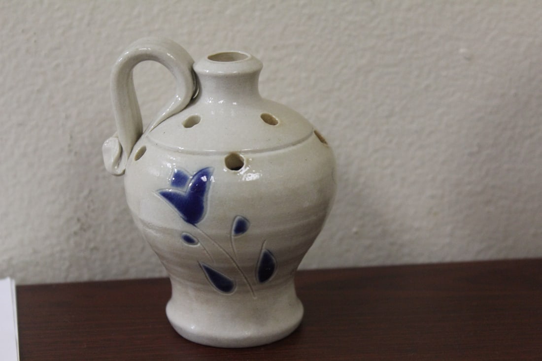 A Small Stonewear Flow Blue Ewer: 4 1/2" tall