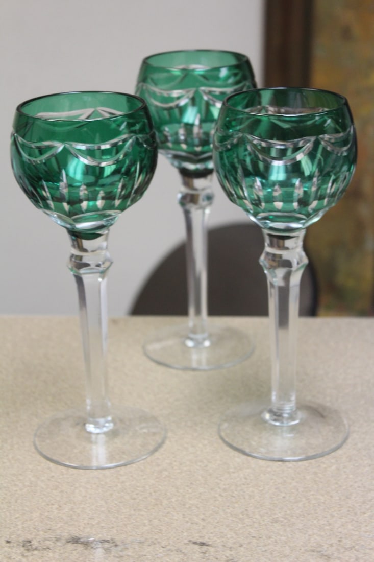 Set of 3 Green Cut Glass Goblets: 8 1/2" tall each