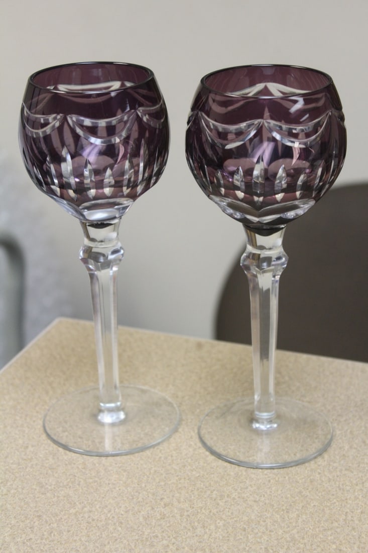 Set of 3 Amethyst Cut Glass Goblets: 8 1/2" tall each