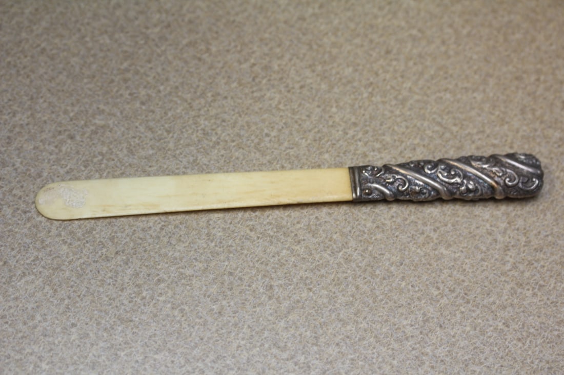 Very Ornate Bone and Sterling Handle Letter Opener: or page turner - 8 1/8" long - English hallmark
