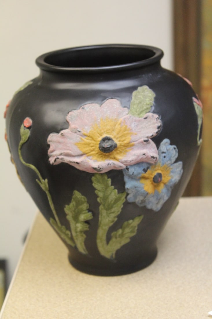 Unusual Antique/Vintage Black Glass Vase: with raised handpainted floral design - 8 7/8" tall