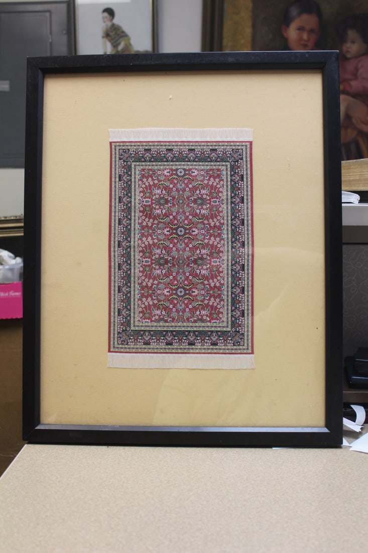 A Framed Rug: appeared to be silk - most likely Turkish - overall= 21 3/8" x 17 3/8"