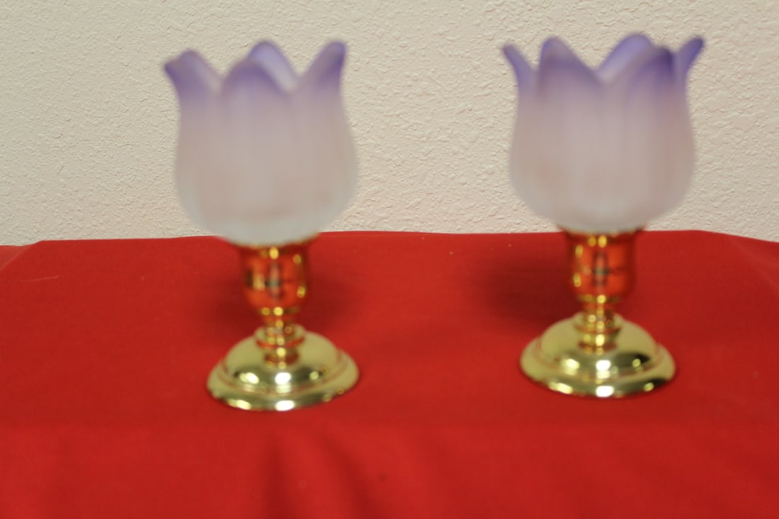 A Pair of Candle Holders: Satin glass top and metal base - 5" tall each