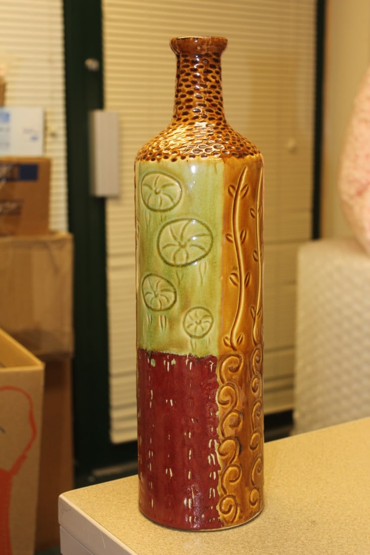 Marked Lyon Tall Pottery Bottle: 16 1/4" tall