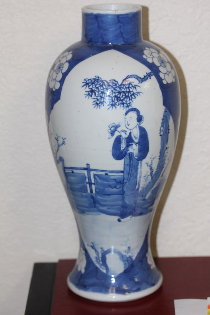 Antique Chinese Blue and White Vase: 19th century - signed - please note: one hairline as shown - 12 1/8" tall