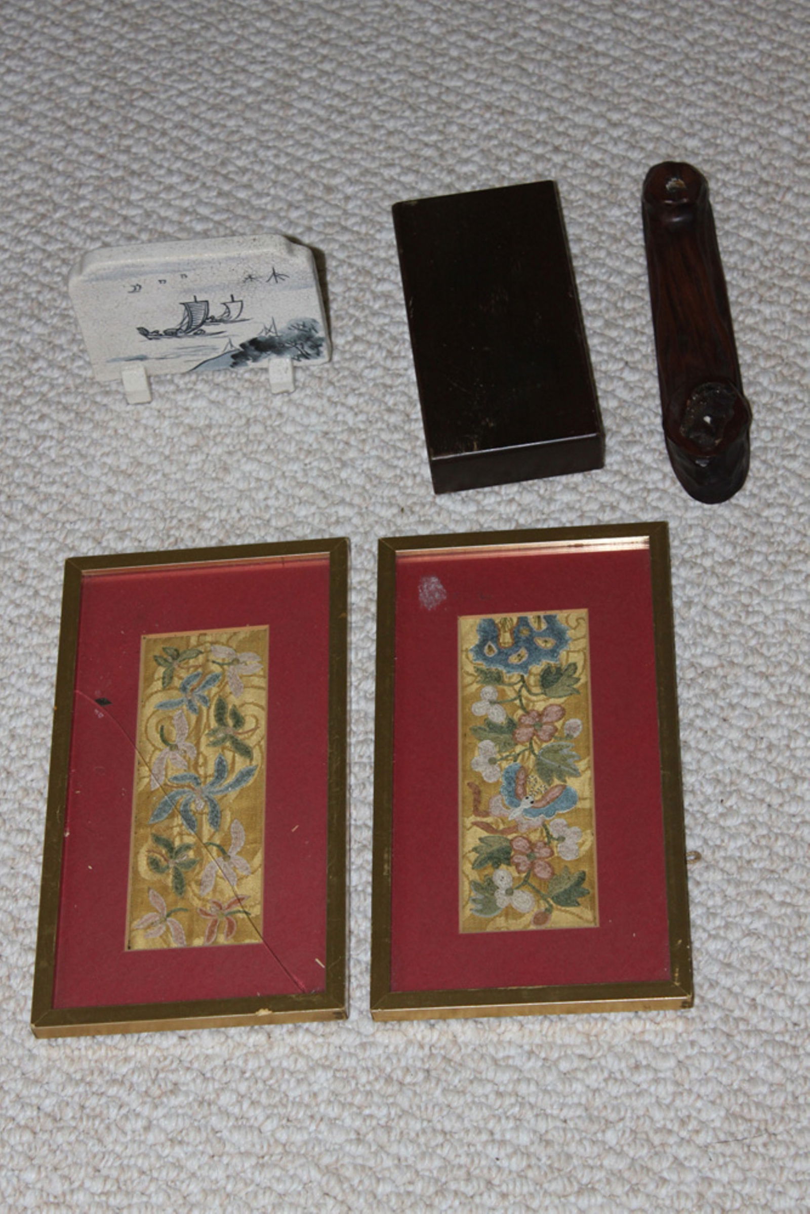 Lot of 5 Antique/Vintage Asian/Chinese Articles: One has two cracks in the glass panel.