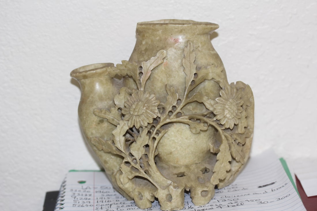 Chinese Soap Stone Vase: well carved - please note: chip as shown - 6" tall by 6" wide