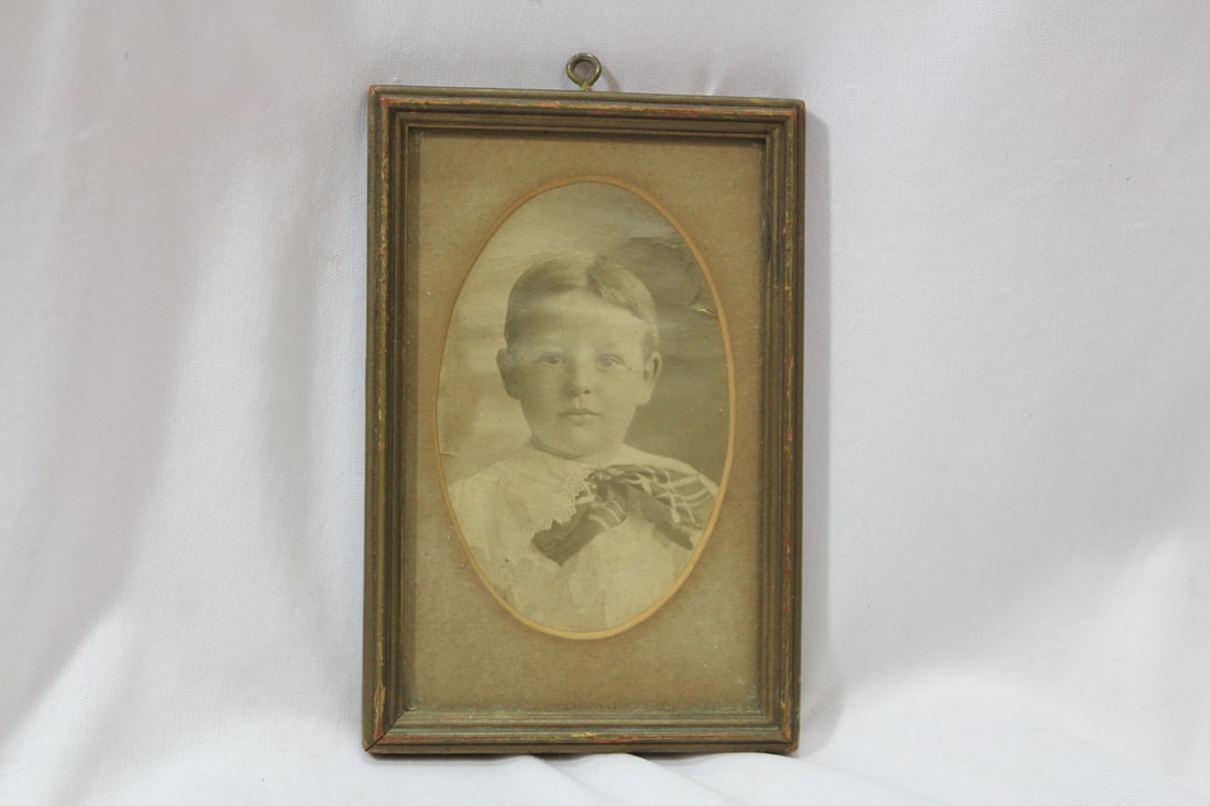 Framed Vintage Black and White Photograph of a Boy: overall= 6" x 4"