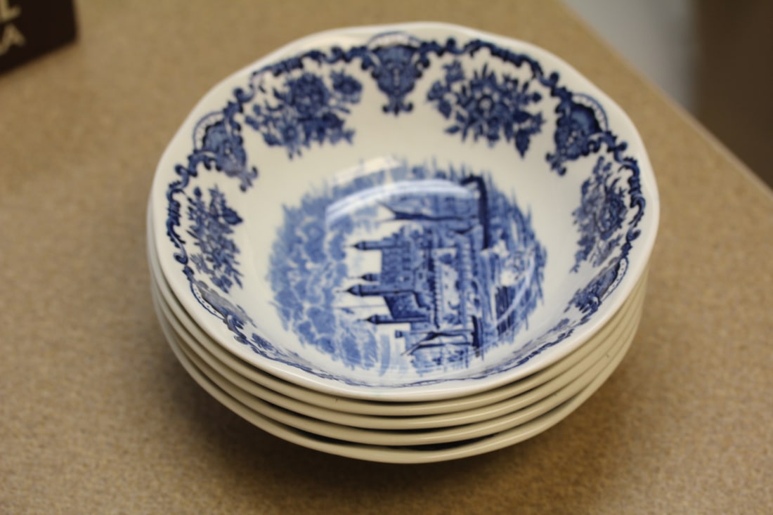 Set of 5 Enoch Wedgwood Scenery Bowl: blue and white - 6 1/4" in diameter