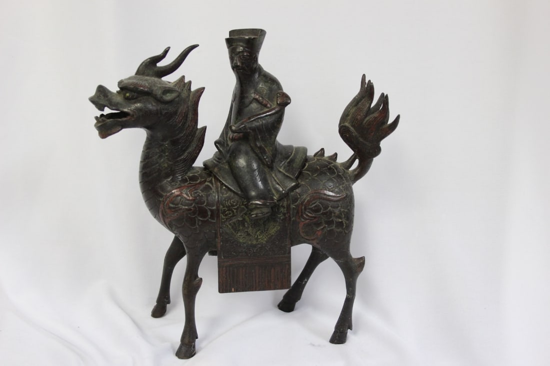 A Chinese Bronze Horse or Kylin: with a rider - a truly beautiful piece - looks to be old - 7 5/8" long