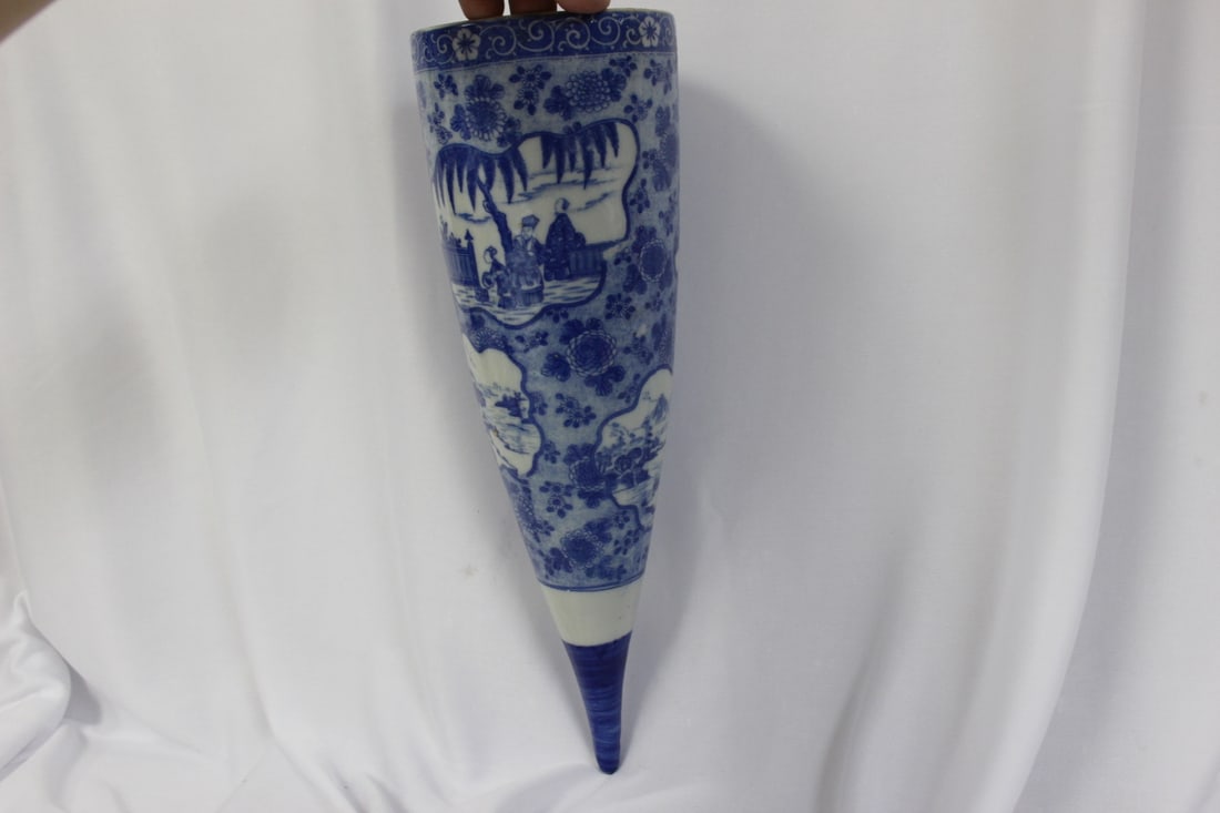 A Ceramic Blue and White Cone: Chinese/Japanese/Asian - old - plese note: some glaze crack, but does not go through the other side - 13 3/8" tall