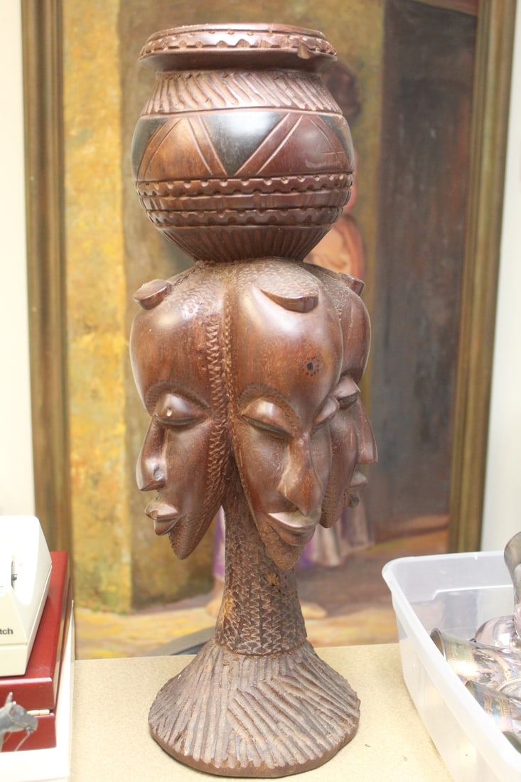 African 3-women Face Statue: hand carved - appeared from one single piece of hardwood - 21 1/2" tall