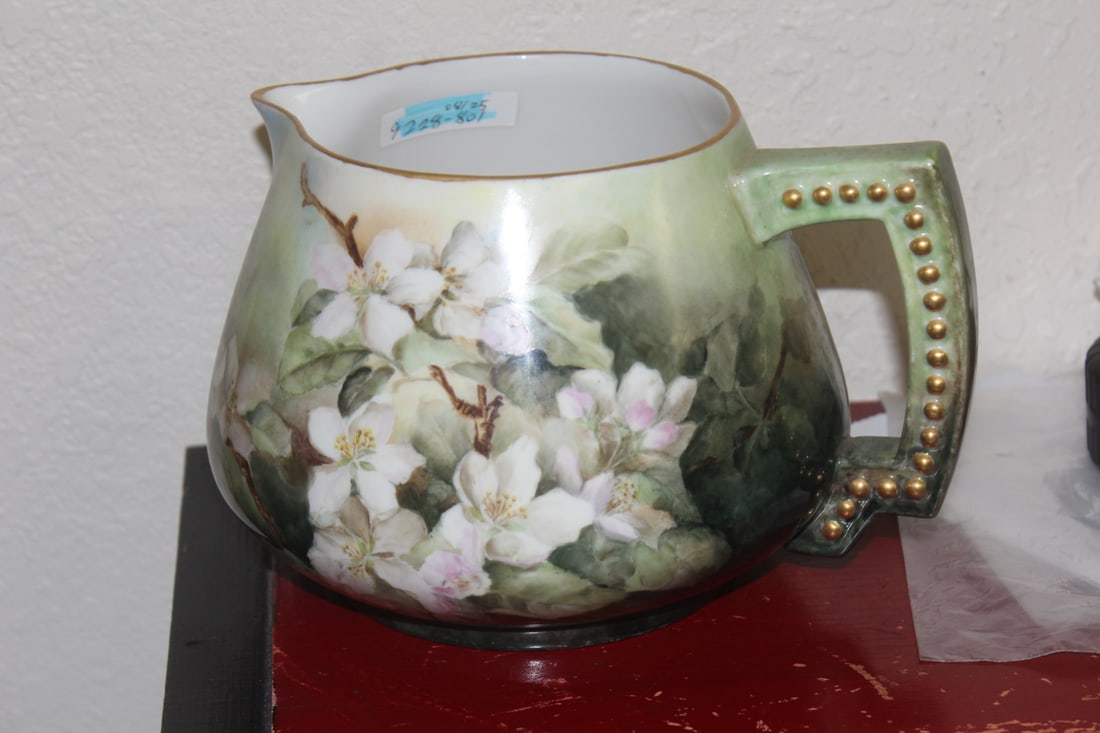 Limoges Cider Pitcher: 6" tall by 8" across - including the handle - hand painted