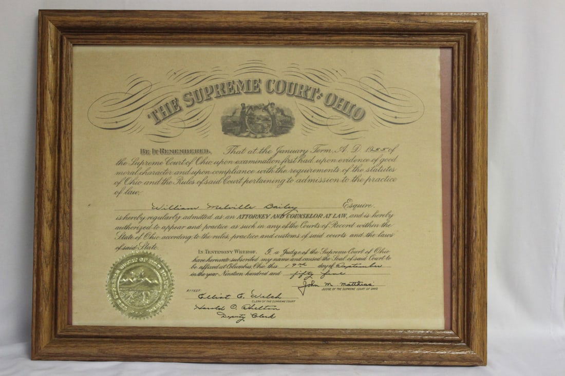 A Framed Vintage Ohio Supreme Court Registration: as shown on photos