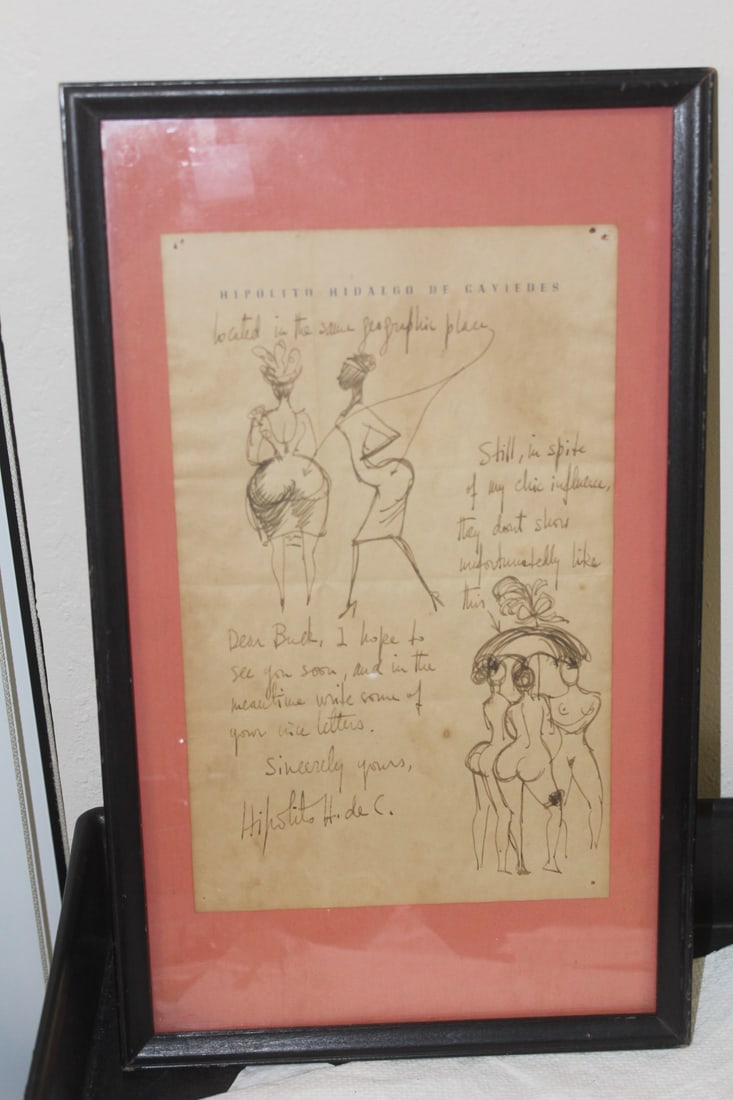 Nude Ink Drawing by de Cavledes: by listed artist Hipolito Hidalgo de Cavledes - framed - overall= 14 1/2" x 8 3/4" - sight= 10" x 6"