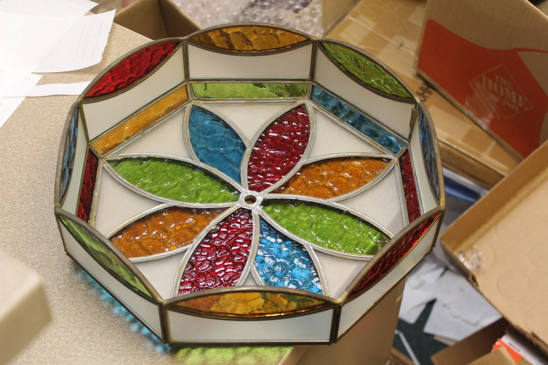 Leaded or Stain Glass Colorful Lamp Shade: 13 1/2" in diameter - vintage