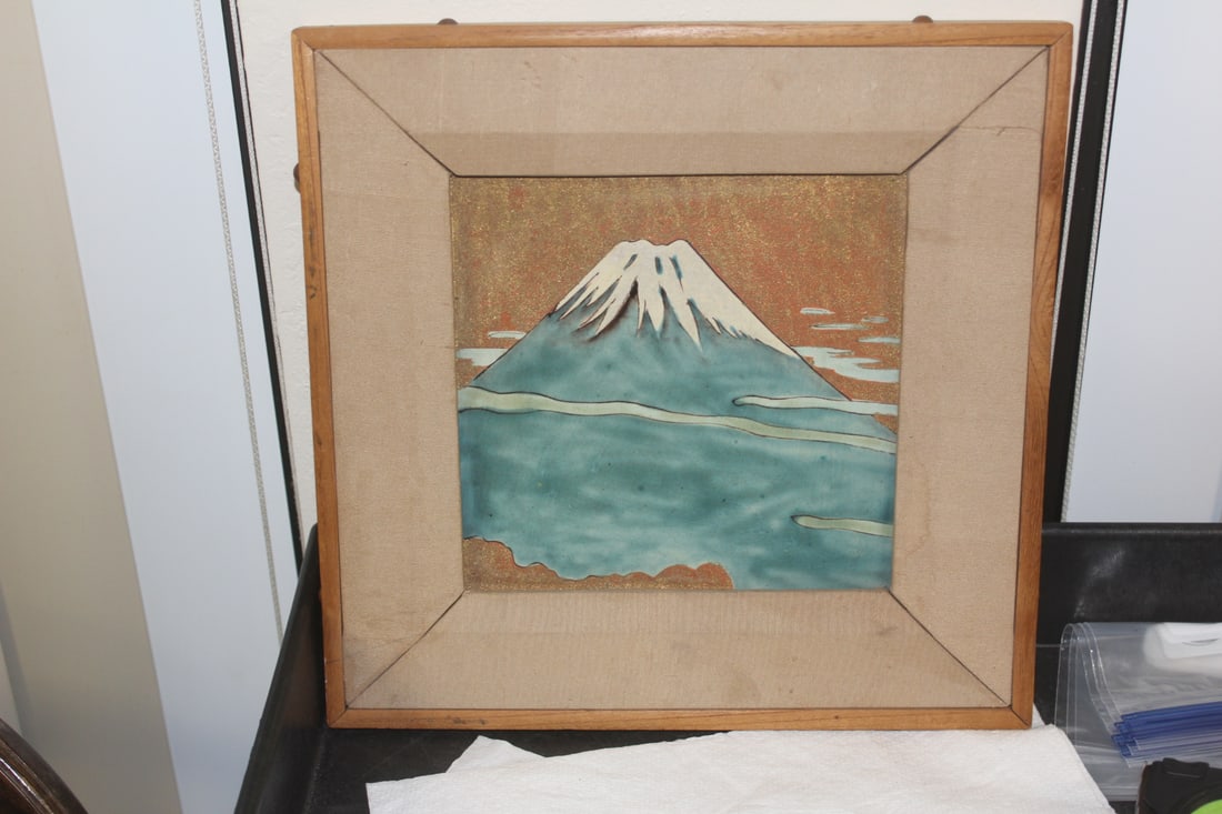 Japanese Mount Fiji Enamel on Tile: vintage - framed - first half of 20th century - overall= 11 1/2" square