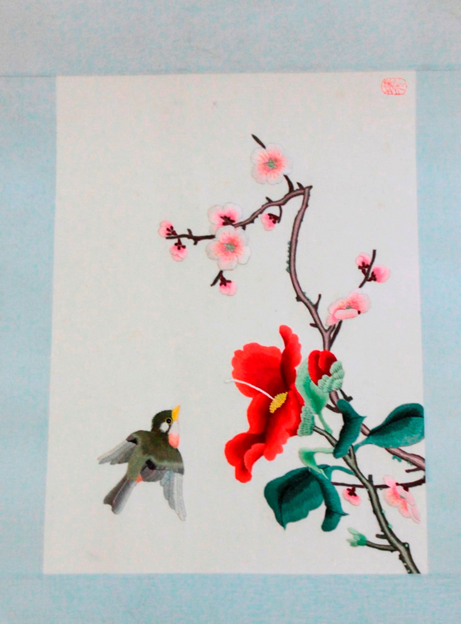 Chinese / Asian Silk Embroidery on Paper: Circa 20th century. Sight size 12" x 8 3/8". 17" x 11 1/2" overall.