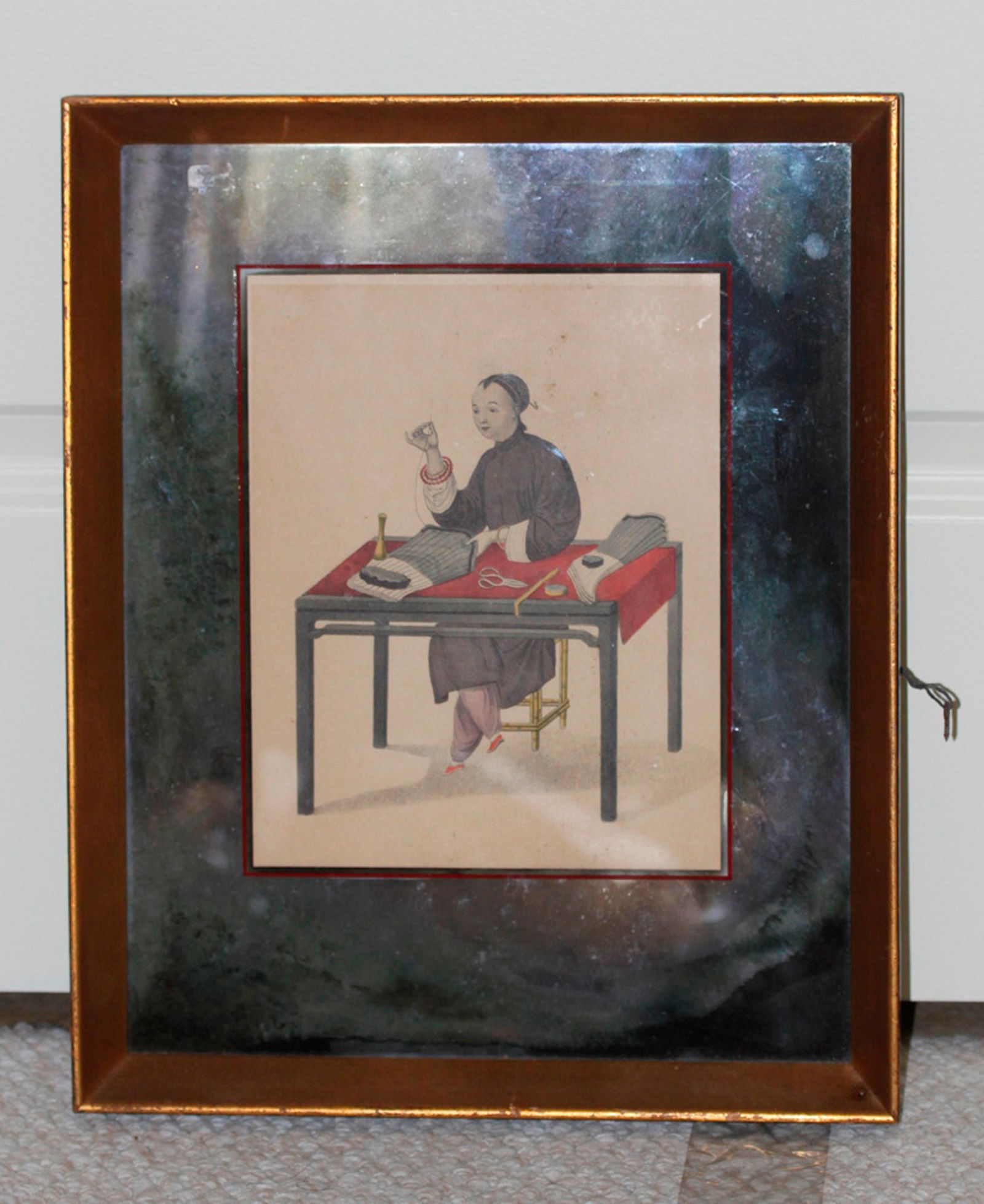 Antique Chinese 19th/20th C Engraving of Woman: Depicts an Oriental woman stitching. Measures 16 1/2" x 13 1/4" overall, with a sight size of 10 1/4" x 7 1/2".