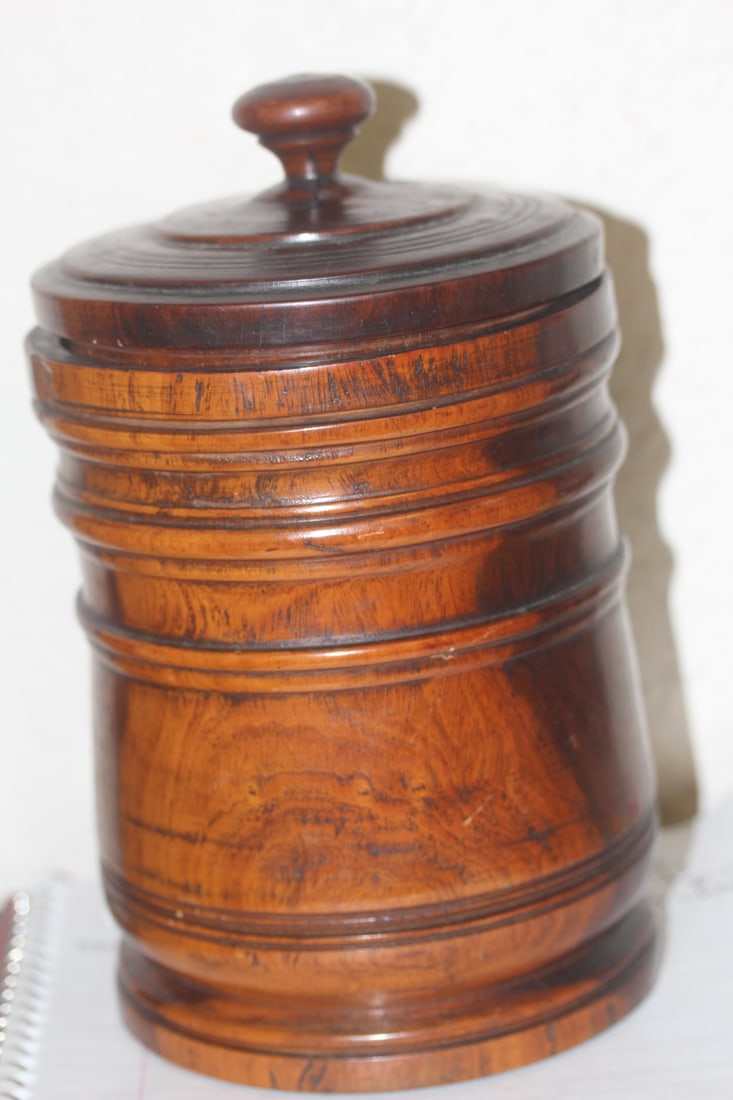 Solid Wood Container: well carved - possibly 19th century - please note: cracks due to age - 8 7/8" tall
