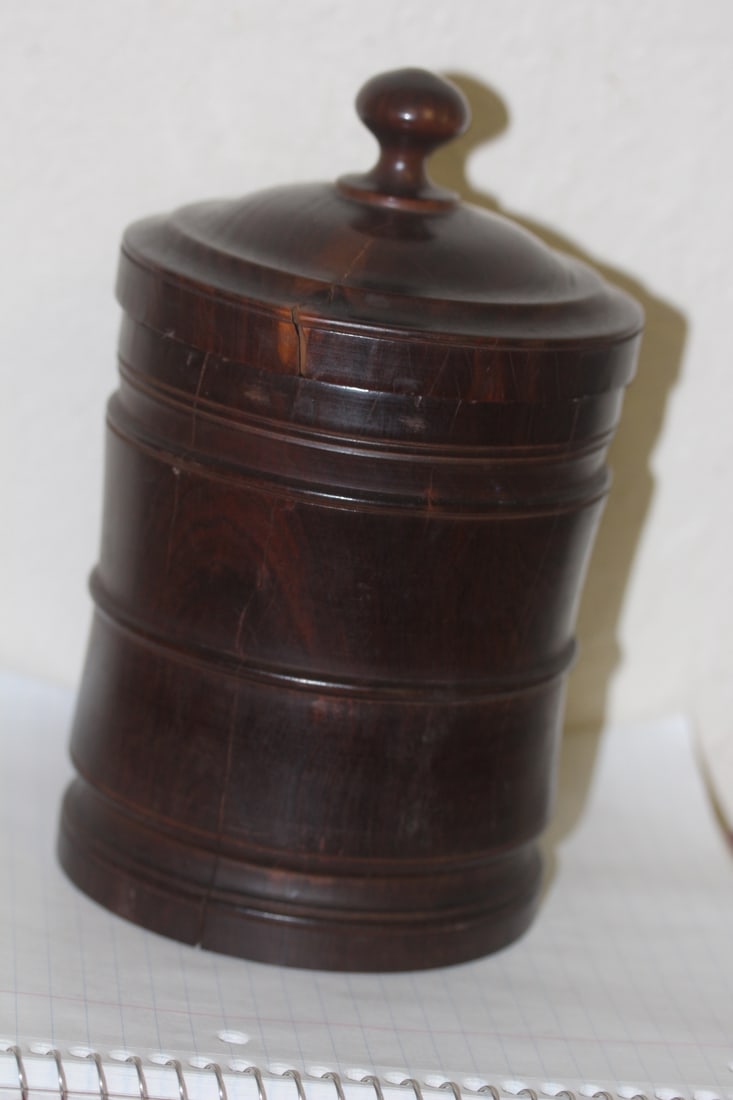 Solid Wood Container: well carved - possibly 19th century - please note: cracks due to age - 7 3/4" tall