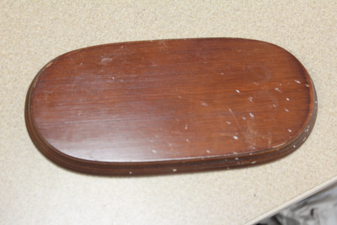 Flat Wooden Stand: 9 1/2" inside diameter (top measurement across) and 4 3/8" wide