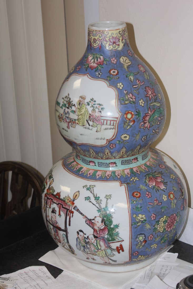 Signed Chinese Gourd Shape Vase: 19" tall by 10" wide