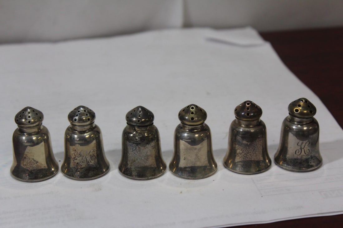 Set of 6 Sterling Salt and Pepper Shakers: cased and monogrammed: "K" - art deco period -