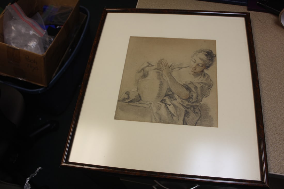 Vintage/Antique Pencil Drawing: clay on the pottery wheel - stamped, but can't figure out what it said - overall= 19" x 17"