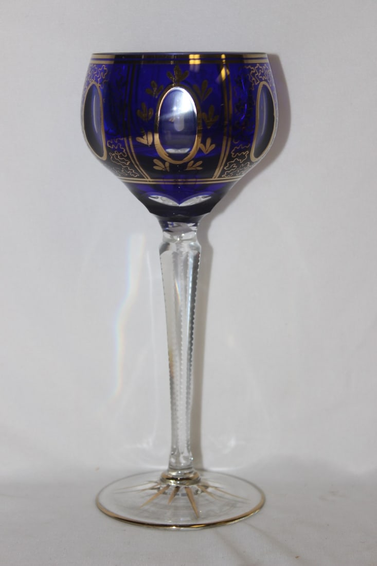 A Facet Blue and Gold Gilted Stem Wine Glass: 8 1/2" tall