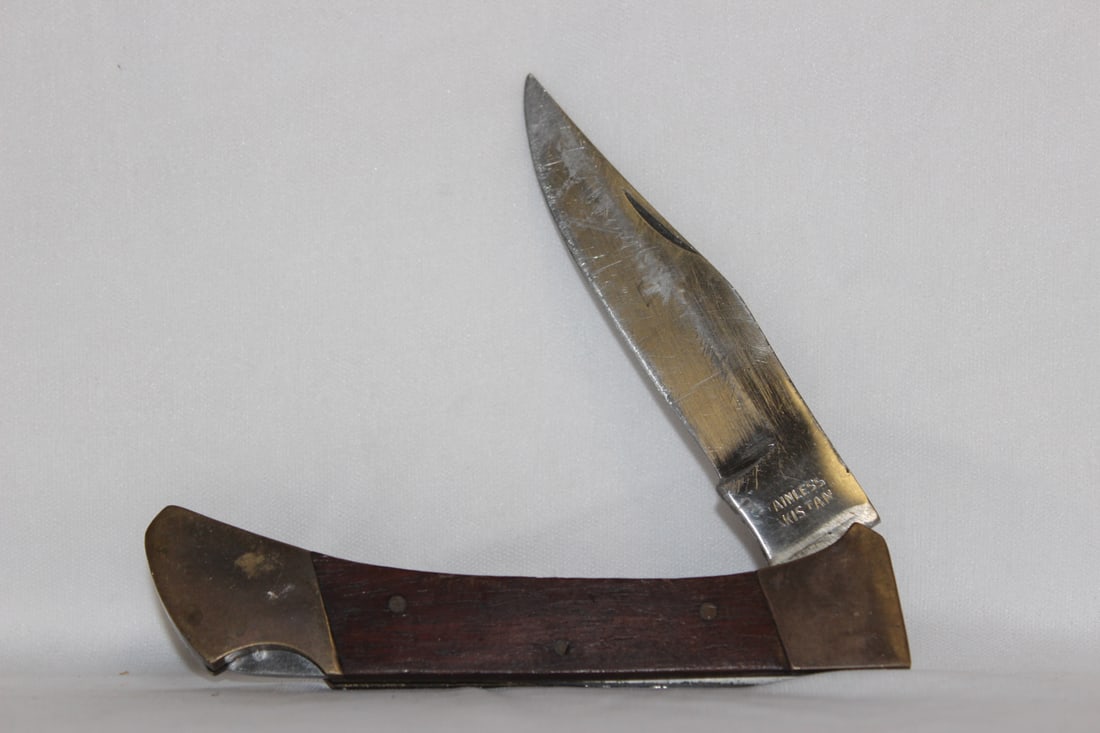 An Old Wood Handle Pocket Knife: 5" long when folded - 12 1/2” open