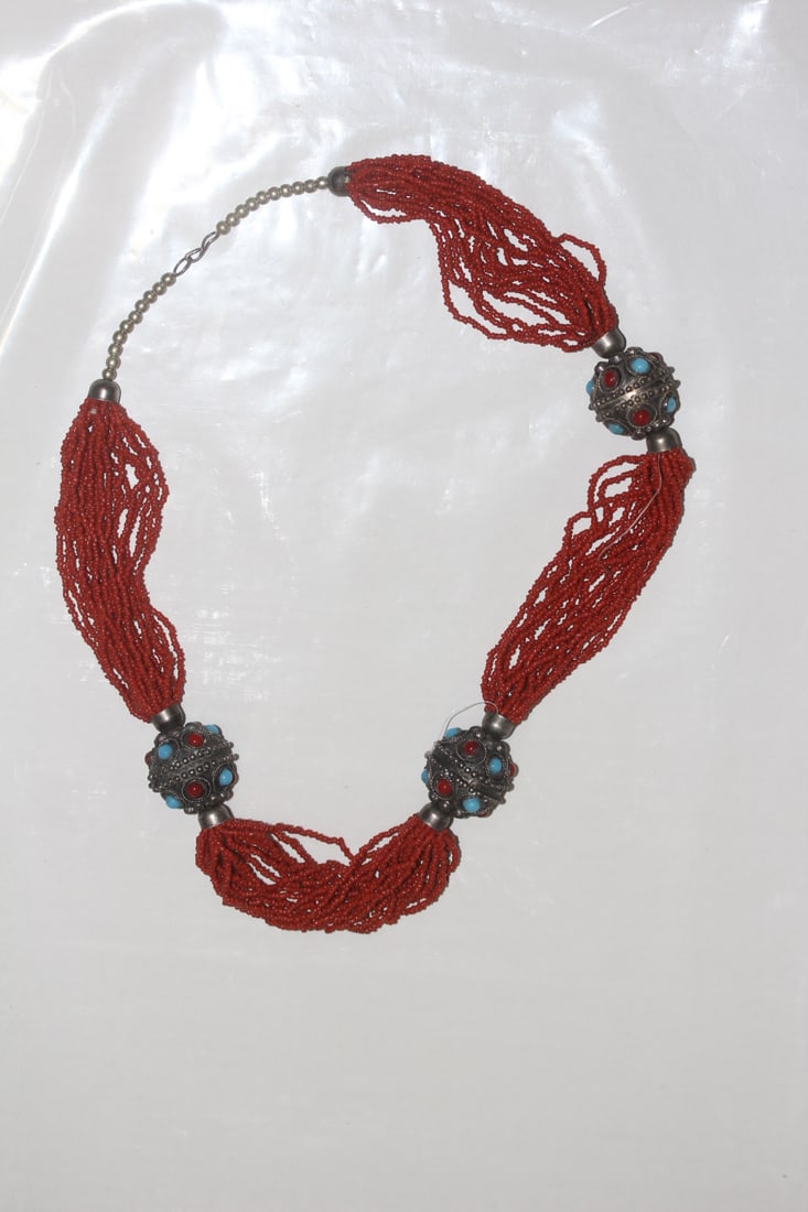 Turquoise, Coral Necklace: 12 inches across when clapsed - tribal?