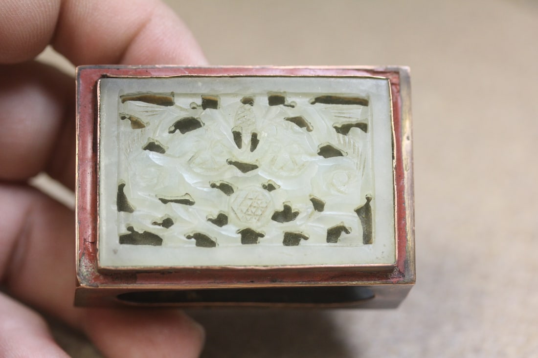 Match box holder: antique Chinese jade on cloisonne, 2 3/8" across