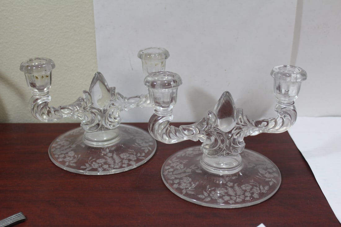 A Pair of Etched Glass Candle Holders: 7 inches across