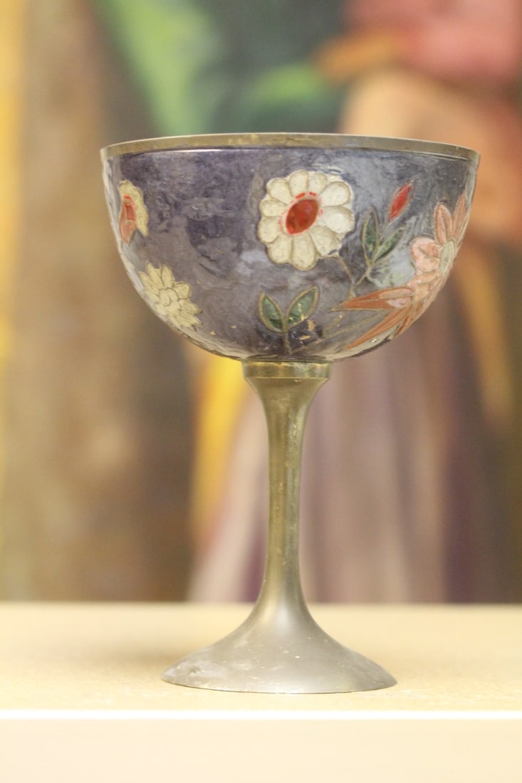 Enamel on Brass Cup: 6 3/4" tall