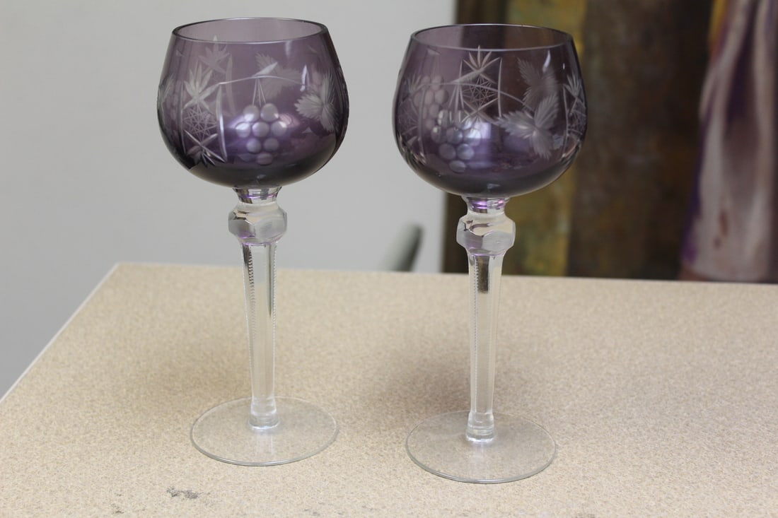 Pair of Amethyst Cut Glass Goblets: 8 1/4" tall