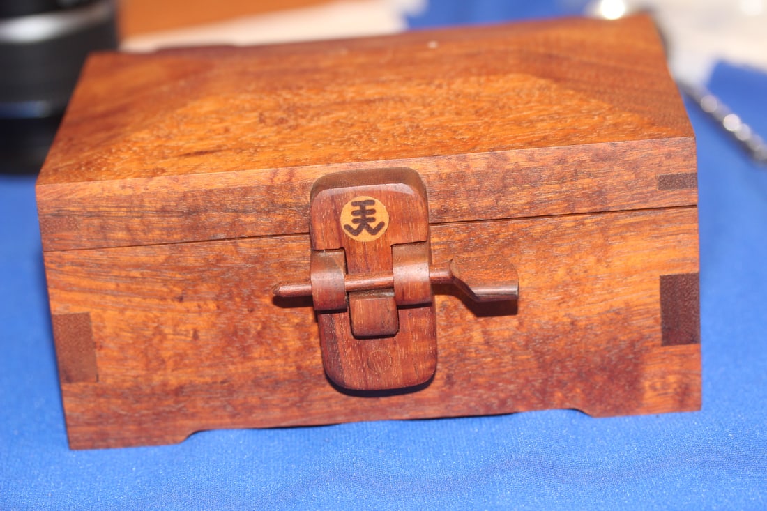 A Very Well Made Japanese Hardwood Box: previous owner's name etched on bottom - 7 inches across