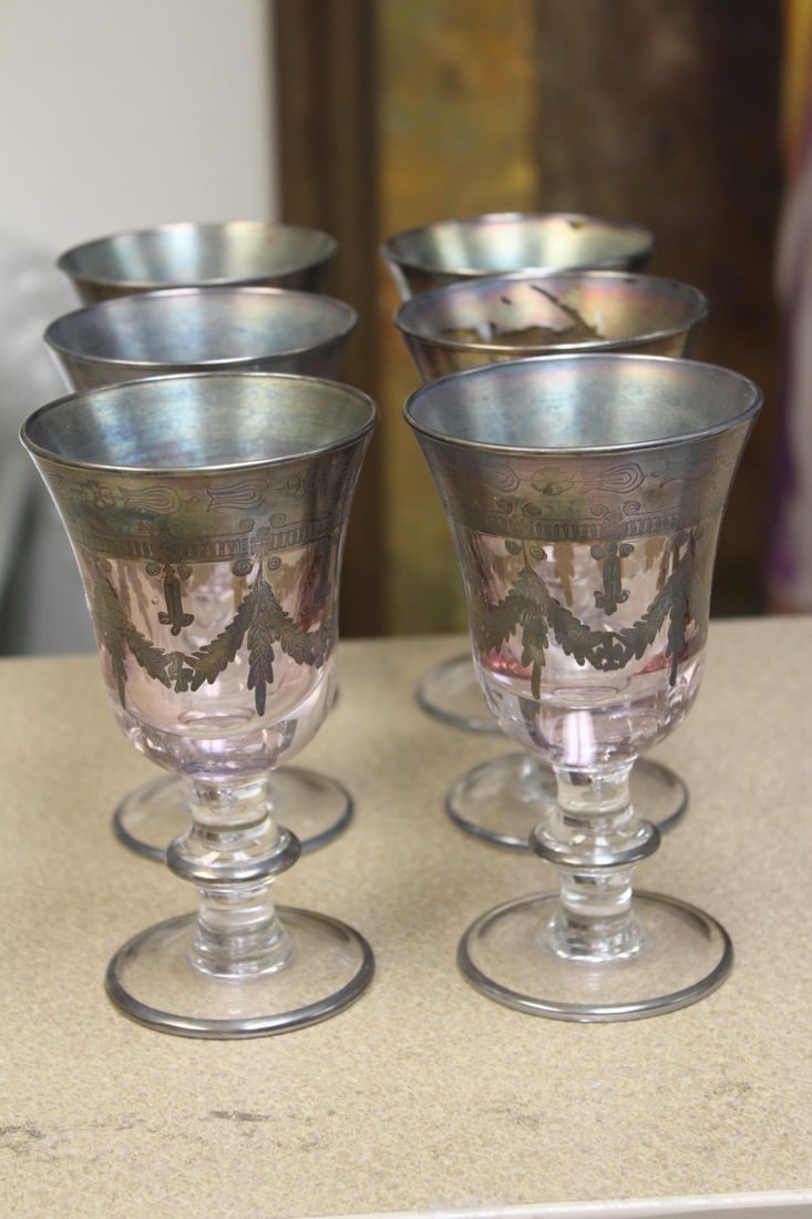 Set of 6 Silver Overlay Goblets: 5 3/4" tall each - please note: some ware, but still very attractive set