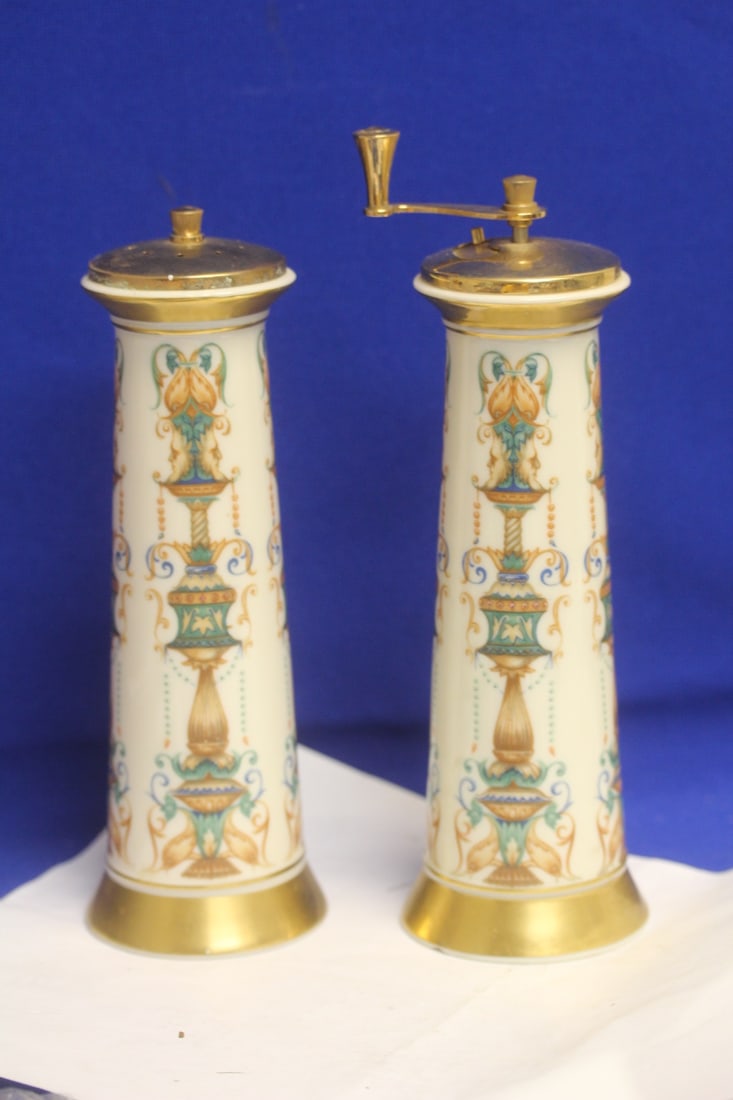 Lenox Salt and Pepper Grinder/Shaker: please note: pepper grinder has one under rim chip - 8" tall