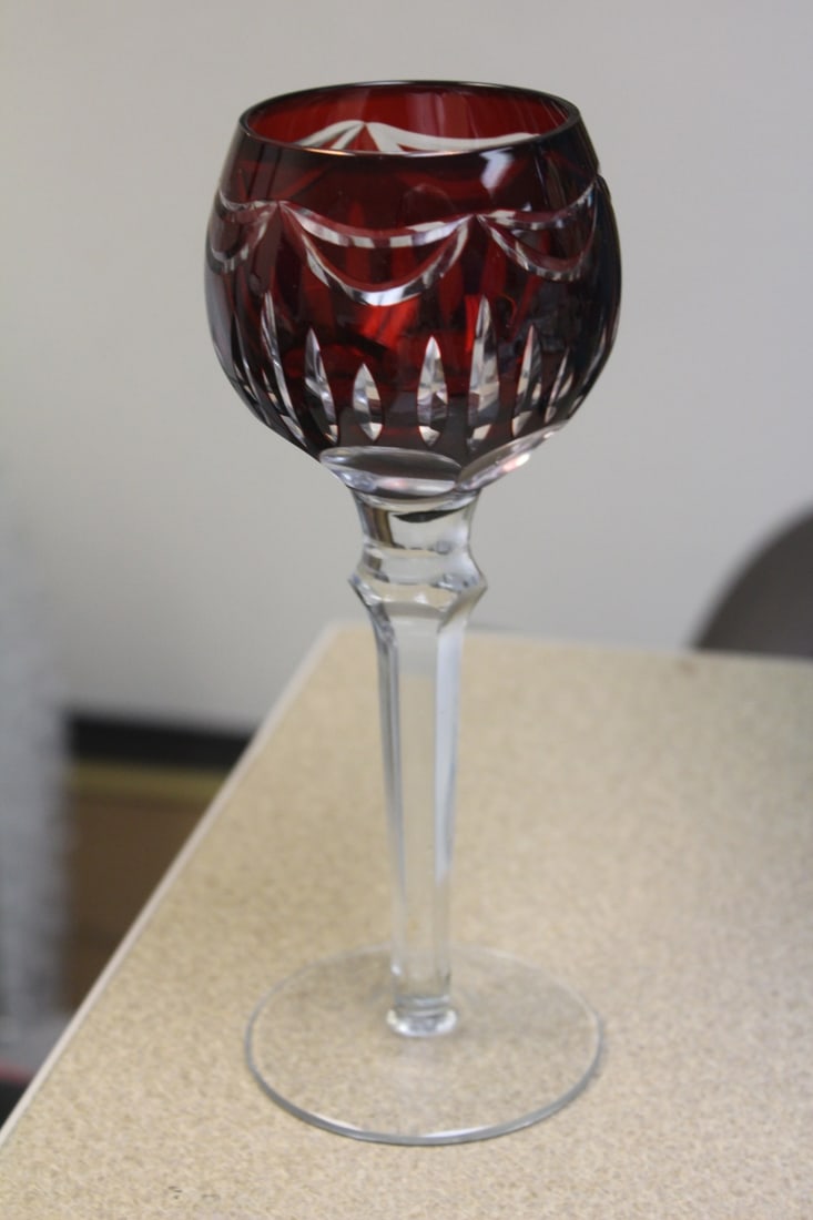 Ruby Red Cut Glass Goblet: 8 3/8" tall